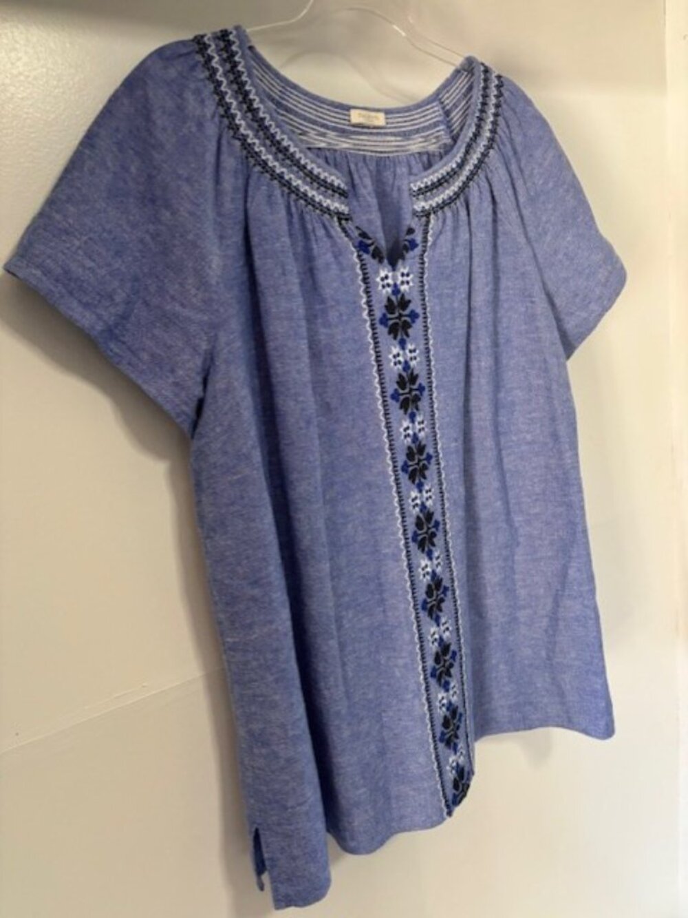 Talbots Plus Womens Blue Short Sleeve Linen Embroidered Tunic Top 2X Boho Casual - Picture 6 of 7
